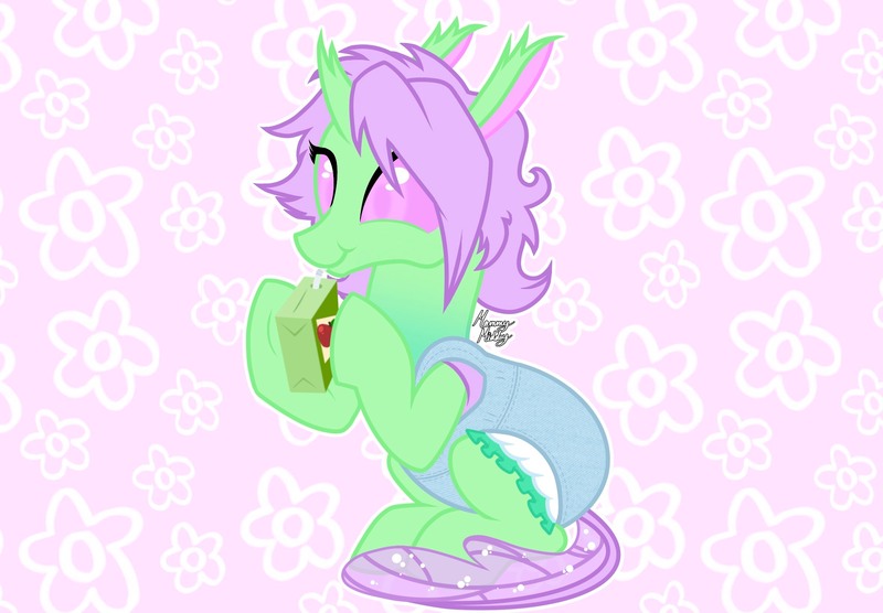 Size: 2360x1640 | Tagged: questionable, artist:mommymidday, derpibooru import, oc, oc:cricket, unofficial characters only, changedling, changeling, :t, abdl, abstract background, adult foal, changedling oc, changeling oc, clothes, commission, diaper, diaper fetish, drinking straw, fetish, full body, hair over one eye, hoof hold, hooves, horn, image, jpeg, juice, juice box, overalls, show accurate, show accurate porn, signature, simple background, sitting, solo