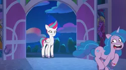 Size: 1023x574 | Tagged: safe, derpibooru import, screencap, izzy moonbow, zipp storm, pegasus, pony, unicorn, my little pony: tell your tale, spoiler:tyts01e12, angry, duo, duo female, female, g5, image, night, nightime, png, running, running away, the game is ahoof