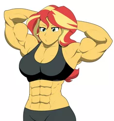 Size: 2572x2736 | Tagged: suggestive, artist:matchstickman, derpibooru import, sunset shimmer, equestria girls, abs, biceps, breasts, busty sunset shimmer, clothes, female, image, jpeg, muscles, muscular female, sunset lifter, sweat, sweatdrop
