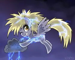 Size: 1200x960 | Tagged: safe, artist:empyu, derpibooru import, derpy hooves, pegasus, pony, cloud, cute, derpabetes, electricity, female, flying, grin, gritted teeth, hooves, image, lightning, mare, one eye closed, png, signature, smiling, solo, spread wings, tail, teeth, wings