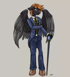 Size: 5955x6613 | Tagged: safe, artist:ghouleh, derpibooru import, oc, unofficial characters only, anthro, pegasus, pony, anthro oc, cane, clothes, glasses, grumpy, image, male, necktie, png, shoes, stallion, suit, vest, wings