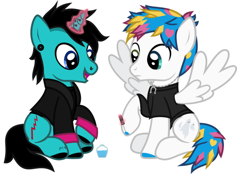 Size: 1642x1210 | Tagged: safe, artist:lightningbolt, derpibooru import, part of a set, ponified, pegasus, pony, unicorn, .svg available, as it is, awsten knight, clothes, crack shipping, derpibooru exclusive, duo, duo male, dyed mane, dyed tail, ear piercing, eyeliner, eyeshadow, frown, glow, glowing horn, happy, heterochromia, hoof polish, horn, horn piercing, image, jewelry, long sleeves, magic, makeup, male, nail polish, necklace, nose piercing, open mouth, patty walters, piercing, png, raised hoof, shipping, shirt, sitting, spread wings, stallion, t-shirt, tail, tattoo, undershirt, vector, waterparks, wings