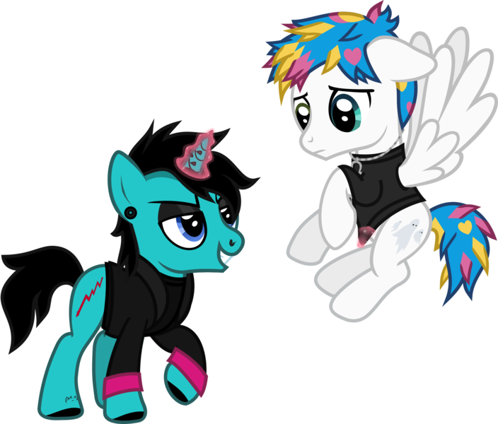 Size: 1793x1528 | Tagged: safe, artist:lightningbolt, derpibooru import, part of a set, ponified, pegasus, pony, unicorn, .svg available, as it is, awsten knight, clothes, crack shipping, derpibooru exclusive, duo, duo male, dyed mane, dyed tail, ear piercing, eyeliner, eyeshadow, floppy ears, flying, glow, glowing horn, heterochromia, hoof polish, horn, horn piercing, image, jacket, jewelry, long sleeves, magic, makeup, male, necklace, nose piercing, patty walters, piercing, png, raised hoof, shipping, shirt, spread wings, stallion, t-shirt, tail, tattoo, undershirt, vector, waterparks, wings