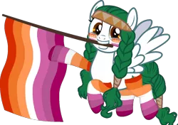 Size: 1262x887 | Tagged: safe, alternate version, artist:yeetmedownthestairs, derpibooru import, oc, oc:olivia leaf, unofficial characters only, pegasus, pony, clothes, cute, face paint, female, flag, freckles, grin, headband, image, lesbian pride flag, mare, mouth hold, png, pride, pride flag, pride month, simple background, smiling, socks, solo, striped socks, transparent background