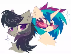 Size: 1017x782 | Tagged: safe, artist:mirtash, derpibooru import, octavia melody, vinyl scratch, earth pony, pony, unicorn, asexual pride flag, bisexual pride flag, chest fluff, cute, duo, ear fluff, face paint, female, image, jpeg, lesbian, mare, pride, pride flag, pride month, scratchtavia, shipping, simple background, tavibetes, vinyl's glasses, vinylbetes, white background