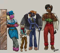 Size: 8860x7854 | Tagged: safe, artist:ghouleh, derpibooru import, oc, unofficial characters only, anthro, earth pony, pegasus, pony, apron, boxing, cane, clothes, colt, family, female, foal, grumpy, hat, image, knife, leaning, male, mare, necktie, png, smiling, sports, stallion, suit, suspenders, urchin, vest, victorian