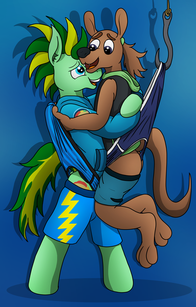 Size: 2665x4170 | Tagged: suggestive, artist:tacomytaco, derpibooru import, oc, oc:taco.m.tacoson, oc:ziggy, unofficial characters only, anthro, otter, pegasus, pony, bipedal, briefs, clothes, gay, hanging, hanging wedgie, hoodie, hug, image, male, males only, png, shorts, smiling, underwear, wedgie