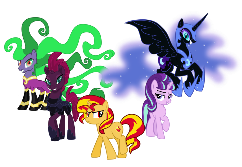 Size: 3818x2637 | Tagged: artist needed, source needed, safe, derpibooru import, mane-iac, nightmare moon, starlight glimmer, sunset shimmer, tempest shadow, alicorn, earth pony, pony, unicorn, antagonist, armor, broken horn, eye scar, female, flying, frown, grin, helmet, high res, hoof shoes, horn, image, looking at you, mare, png, quintet, raised hoof, red eyes, s5 starlight, scar, simple background, smiling, spread wings, transparent background, wings