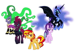 Size: 3818x2637 | Tagged: artist needed, source needed, safe, derpibooru import, mane-iac, nightmare moon, starlight glimmer, sunset shimmer, tempest shadow, alicorn, earth pony, pony, unicorn, antagonist, armor, broken horn, eye scar, female, flying, frown, grin, helmet, high res, hoof shoes, horn, image, looking at you, mare, png, quintet, raised hoof, red eyes, s5 starlight, scar, simple background, smiling, spread wings, transparent background, wings