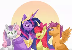 Size: 1024x709 | Tagged: safe, artist:nitenugget, derpibooru import, apple bloom, princess twilight 2.0, scootaloo, sweetie belle, twilight sparkle, twilight sparkle (alicorn), alicorn, earth pony, pegasus, pony, unicorn, the last problem, abstract background, crown, cutie mark crusaders, ethereal mane, female, image, jewelry, jpeg, looking at each other, looking at someone, mare, older, older apple bloom, older cmc, older scootaloo, older sweetie belle, older twilight, open mouth, open smile, peytral, regalia, simple background, smiling, starry mane, white background