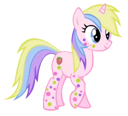 Size: 649x593 | Tagged: safe, derpibooru import, edit, holly dash, pony, unicorn, background pony, body markings, dots, food, freckles, g4, image, png, rainbow power, rainbow power-ified, simple background, spotted, strawberry, toy interpretation, transparent background