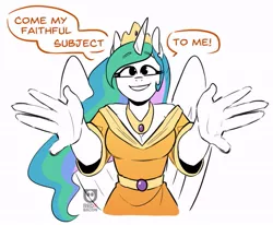 Size: 781x642 | Tagged: safe, artist:redxbacon, derpibooru import, part of a set, princess celestia, alicorn, anthro, breasts, busty princess celestia, clothes, crown, dress, hug, hug request, image, jewelry, jpeg, looking at you, regalia, smiling, solo, talking to viewer