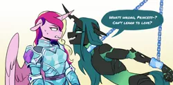 Size: 1262x620 | Tagged: safe, artist:redxbacon, derpibooru import, princess cadance, queen chrysalis, alicorn, anthro, changeling, armor, bondage, cadalis, chained, chains, collar, cuffs, dialogue, female, floppy ears, gritted teeth, horn, horns are touching, image, imprisoned, infidelity, jpeg, lesbian, shackles, shipping, shit eating grin, sweat, sweatdrops, teasing, teeth