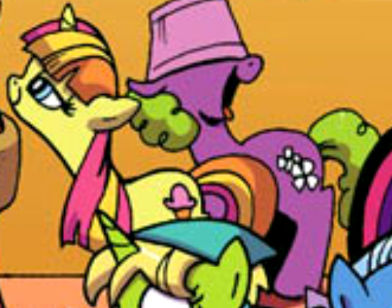 Size: 392x308 | Tagged: safe, artist:andypriceart, derpibooru import, edit, idw, bittersweet (character), daisy, flower wishes, sweetcream scoops, trixie, earth pony, pony, unicorn, spoiler:comic, spoiler:comicm03, bedroom eyes, cropped, female, flower, food, hat, horn, ice cream, image, katie cook, lampshade, lampshade hat, mare, png, smiling