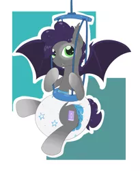 Size: 2112x2572 | Tagged: suggestive, artist:vitriolink, derpibooru import, oc, bat pony, pony, :t, baby bouncer, cute, cute little fangs, diaper, diaper fetish, fangs, fetish, image, png, poofy diaper