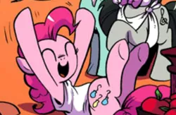 Size: 428x279 | Tagged: safe, artist:andypriceart, derpibooru import, edit, idw, lyra heartstrings, octavia melody, pinkie pie, earth pony, pony, unicorn, spoiler:comic, spoiler:comicm03, apple, basket, bowtie, cropped, eyes closed, female, food, hooves in air, image, lying down, mare, on back, png, raised hoof, smiling