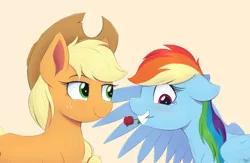 Size: 2026x1319 | Tagged: safe, artist:arcane-thunder, derpibooru import, applejack, rainbow dash, earth pony, pegasus, pony, appledash, blushing, female, floppy ears, flower, flower in mouth, image, lesbian, mare, mouth hold, nervous, png, rose, rose in mouth, shipping, simple background, smiling