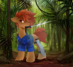 Size: 2600x2400 | Tagged: oc name needed, safe, artist:zlatavector, derpibooru import, oc, unofficial characters only, earth pony, pony, clothes, commission, image, jungle, machete, male, mouth hold, png, solo, stallion, weapon