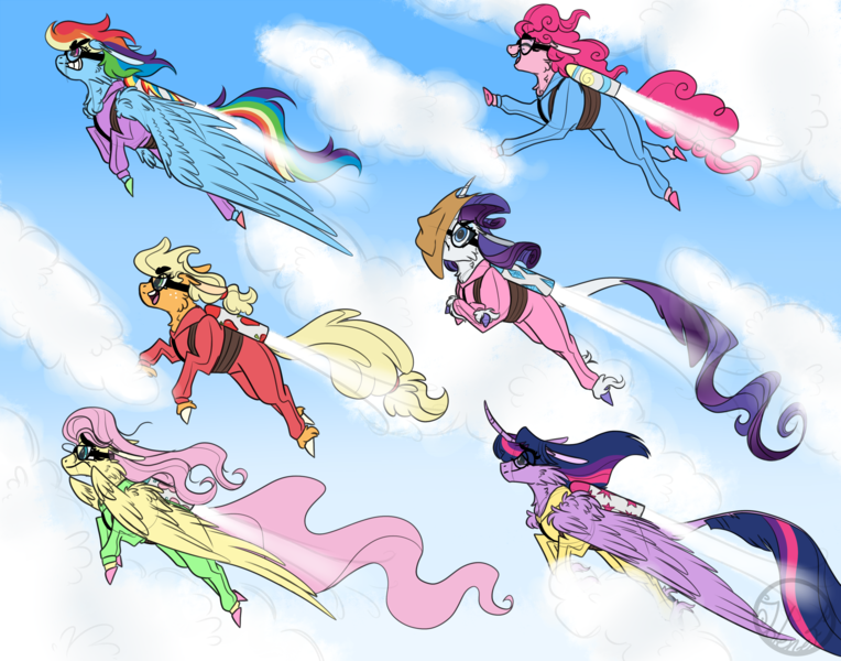 Size: 3920x3080 | Tagged: safe, artist:jolenepiggelin, derpibooru import, applejack, fluttershy, pinkie pie, rainbow dash, rarity, twilight sparkle, twilight sparkle (alicorn), alicorn, earth pony, pegasus, unicorn, clothes, cloud, goggles, happy, image, jetpack, jumpsuit, leonine tail, mane six, png, rarity is not amused, sky, sky background, smoke, tail, unamused