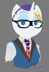 Size: 552x812 | Tagged: safe, artist:realgero, derpibooru import, rarity, anthro, unicorn, alternate hairstyle, bust, clothes, glasses, image, necktie, png, solo, suit, tattoo, valorant, video game reference
