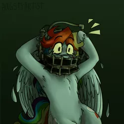 Size: 1413x1413 | Tagged: semi-grimdark, artist:angsty-artist, derpibooru import, rainbow dash, pegasus, pony, abstract background, abuse, amanda young, blood, bondage, both cutie marks, chest fluff, dashabuse, eyelashes, feather, featureless crotch, female, floppy ears, horror, image, implied grimdark, jigsaw, mouth gore, movie reference, muzzle, panic, png, reverse bear trap, rust, saw (movie), saw trap, scared, solo, solo female, this will end in death, this will end in pain, this will end in tears, this will end in tears and/or death, unsexy bondage, unshorn fetlocks
