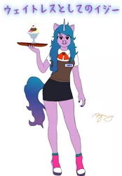 Size: 857x1230 | Tagged: safe, artist:thym0ckingb1rd, derpibooru import, izzy moonbow, anthro, unguligrade anthro, bowtie, clothes, female, g5, ice cream sundae, image, jpeg, name tag, shoes, signature, skirt, smiling, solo, tray, vest, waitress