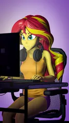 Size: 2160x3840 | Tagged: suggestive, artist:sfmaniaceq, derpibooru import, sunset shimmer, equestria girls, 3d, breasts, clothes, computer, derpibooru exclusive, gaming chair, headphones, image, keyboard, monitor, partial nudity, png, purple panties, solo, source filmmaker, tanktop, underwear