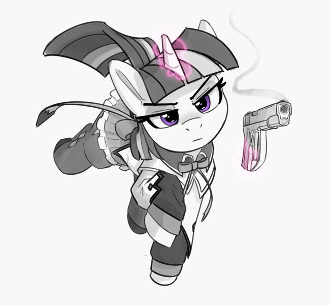 Size: 1576x1451 | Tagged: safe, artist:pabbley, derpibooru import, twilight sparkle, pony, unicorn, female, grayscale, gun, handgun, homura akemi, image, jpeg, levitation, magic, magical girl, mare, monochrome, neo noir, partial color, pistol, puella magi madoka magica, running, simple background, solo, telekinesis, unicorn twilight, weapon, white background