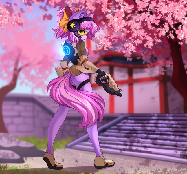 Size: 1943x1805 | Tagged: explicit, alternate version, artist:airiniblock, derpibooru import, oc, oc:lillybit, unofficial characters only, anthro, earth pony, cherry blossoms, clothes, commission, cosplay, costume, flower, flower blossom, gun, handgun, image, overwatch, pistol, png, rcf community, tracer (overwatch), weapon