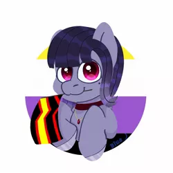 Size: 1640x1639 | Tagged: safe, artist:bluemoon, derpibooru import, oc, oc:salacious allusion, pegasus, chibi, collar, image, jewelry, jpeg, looking at you, mouth hold, necklace, nonbinary, pegasus oc, pride flag, pride month, rubber pride, simple background, white background, wings