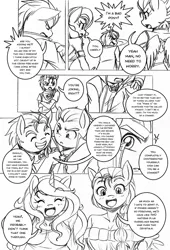 Size: 737x1085 | Tagged: safe, artist:boastudio, derpibooru import, hitch trailblazer, izzy moonbow, pipp petals, sprout cloverleaf, sunny starscout, zipp storm, anthro, earth pony, pegasus, unicorn, comic:hooves & fins, black and white, comic, crossed arms, eyebrows, eyebrows visible through hair, eyes closed, female, frown, g5, grayscale, grin, image, izzyscout, jewelry, lesbian, male, mane five (g5), married couple, monochrome, new mane six (g5), open mouth, open smile, png, ring, shipping, simple background, sketch, smiling, white background