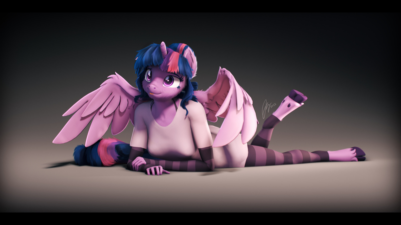Size: 9600x5400 | Tagged: safe, artist:imafutureguitarhero, derpibooru import, sci-twi, twilight sparkle, twilight sparkle (alicorn), alicorn, anthro, classical unicorn, unguligrade anthro, unicorn, art pack:pin-up paradise 2022, 3d, absurd file size, absurd resolution, adorasexy, black bars, bra, bra strap, cheek fluff, chest freckles, chin fluff, chromatic aberration, clothes, cloven hooves, colored eyebrows, colored eyelashes, cute, ear fluff, ear freckles, evening gloves, female, film grain, floppy ears, fluffy, freckles, fur, gloves, gradient background, hair bun, hoof fluff, hooves, horn, image, jpeg, leonine tail, long gloves, lying down, multicolored hair, multicolored mane, multicolored tail, on stomach, one ear down, one leg raised, paintover, partially open wings, pinup, revamped anthros, revamped ponies, scitwilicorn, sexy, shirt, signature, socks, solo, source filmmaker, stockings, striped gloves, striped socks, striped stockings, tail, the pose, thigh highs, tongue out, underwear, unshorn fetlocks, wall of tags, wing fluff, wing freckles, wings