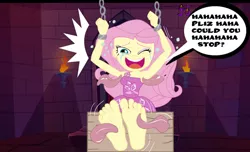 Size: 1280x776 | Tagged: suggestive, artist:jstratus, derpibooru import, fluttershy, equestria girls, armpit tickling, barefoot, chains, crying, feet, fetish, foot fetish, foot focus, foot worship, image, jpeg, laughing, licking, licking foot, one eye closed, open mouth, soles, speech, speech bubble, talking, tears of laughter, tickle fetish, tickle torture, tickling, toes, tongue out