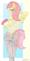 Size: 950x1920 | Tagged: suggestive, artist:roseluck, derpibooru import, roseluck, anthro, earth pony, plantigrade anthro, pony, abstract background, ass, bouquet, bracelet, butt, clothes, colored pencil drawing, dock, ear piercing, earring, female, flower, holding, image, jewelry, leaning, lidded eyes, looking at you, looking back, looking back at you, mare, pants, piercing, png, rear view, rose, rosebutt, shirt, smiling, smiling at you, solo, solo female, standing, tail, tail hole, traditional art