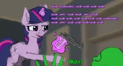 Size: 1085x587 | Tagged: safe, artist:zebra, ponerpics import, twilight sparkle, oc, oc:anon, human, pony, unicorn, angry, gun, handgun, image, levitation, magic, movie parody, movie reference, parody, pistol, png, pulp fiction, scared, telekinesis, this will end in death, this will end in pain, weapon