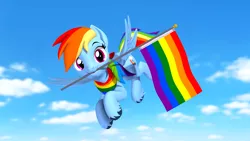 Size: 1920x1080 | Tagged: safe, artist:owlpirate, derpibooru import, rainbow dash, pegasus, pony, 3d, bandana, female, flying, image, looking at you, mare, mouth hold, png, pride flag, smiling, smiling at you, solo, source filmmaker, unshorn fetlocks