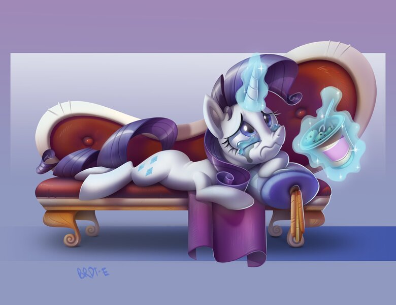 Size: 2048x1575 | Tagged: safe, artist:brdte, derpibooru import, rarity, pegasus, pony, crying, fainting couch, female, food, ice cream, image, jpeg, lying down, mare, marshmelodrama, prone, rarity being rarity, solo, wavy mouth