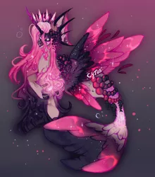 Size: 1280x1452 | Tagged: safe, artist:taikasykes, derpibooru import, oc, unofficial characters only, alicorn, hybrid, merpony, pony, seapony (g4), adoptable, bubble, ethereal mane, female, fin wings, fins, fish tail, flowing tail, image, jewelry, jpeg, looking at you, mare, necklace, ocean, open mouth, pearl necklace, pink mane, seaponified, signature, simple background, smiling, smiling at you, solo, sparkles, species swap, starry mane, starry wings, swimming, tail, teeth, underwater, water, wings