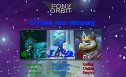 Size: 3331x2056 | Tagged: safe, anonymous artist, artist:dukevonkessel, artist:gabberscratchx, derpibooru import, edit, princess celestia, princess luna, queen chrysalis, oc, oc:grover ii, ponified, changeling, gryphon, pony, darkorbit, derpibooru exclusive, image, png, space, text