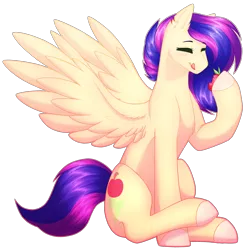Size: 2488x2504 | Tagged: safe, artist:purplegrim40, derpibooru import, oc, unofficial characters only, pegasus, pony, colored hooves, eating, food, image, licking, licking lips, pegasus oc, png, simple background, solo, strawberry, tongue out, transparent background, wings