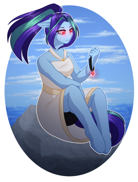 Size: 2335x3082 | Tagged: safe, artist:purplegrim40, derpibooru import, oc, unofficial characters only, anthro, siren, unguligrade anthro, clothes, female, image, jewelry, necklace, outdoors, png, simple background, siren oc, sitting, transparent background