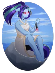 Size: 2335x3082 | Tagged: safe, artist:purplegrim40, derpibooru import, oc, unofficial characters only, anthro, siren, unguligrade anthro, clothes, female, image, jewelry, necklace, outdoors, png, simple background, siren oc, sitting, transparent background