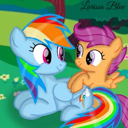 Size: 720x720 | Tagged: safe, artist:mlplary6, derpibooru import, rainbow dash, scootaloo, pegasus, pony, female, filly, foal, image, looking at each other, looking at someone, mare, png, sibling love, siblings, sisters, smiling, smiling at each other