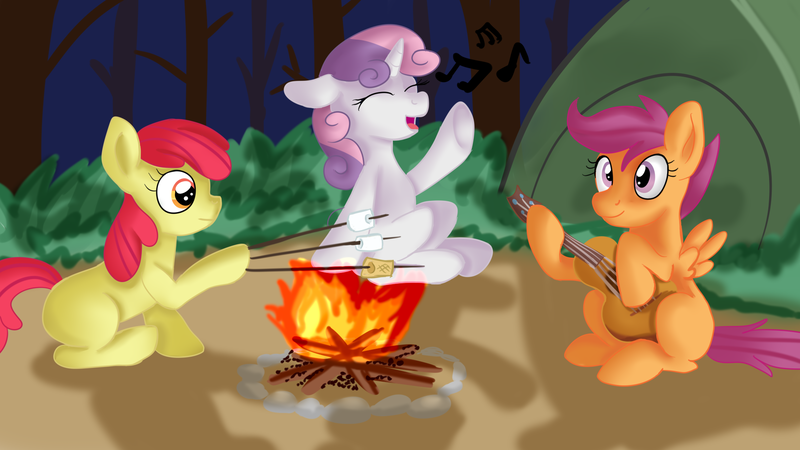 Size: 1920x1080 | Tagged: safe, artist:jbond, derpibooru import, apple bloom, scootaloo, sweetie belle, earth pony, pegasus, pony, unicorn, bonfire, campfire, cutie mark crusaders, eyes closed, female, filly, fire, foal, food, forest, guitar, image, marshmallow, musical instrument, night, note, open mouth, png, singing, tent, tongue out, tree, tree branch