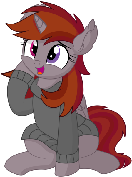 Size: 1745x2330 | Tagged: safe, artist:cyanlightning, derpibooru import, editor:fauli1221, oc, oc:funny jo, alicorn, pony, .svg available, absurd resolution, alicorn oc, clothes, cute, derpibooru exclusive, ear fluff, female, female oc, folded wings, heterochromia, horn, image, looking up, mare, open mouth, png, recolor, simple background, sitting, solo, spread legs, spreading, sweater, tail, transparent background, vector, wings