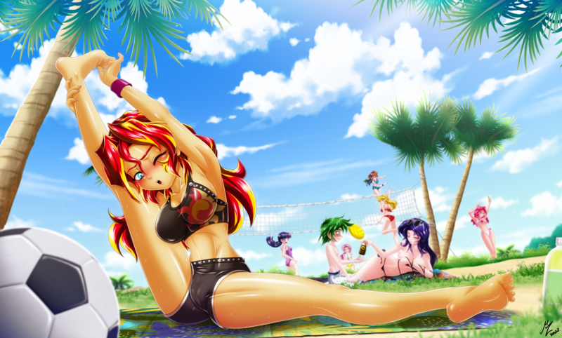 Size: 3861x2324 | Tagged: questionable, artist:mauroz, derpibooru import, part of a set, applejack, fluttershy, pinkie pie, rainbow dash, rarity, spike, sunset shimmer, twilight sparkle, equestria girls, :o, absurd file size, anime, applebutt, ass, barefoot, beach, belly button, bikini, blushing, breasts, busty rarity, butt, cameltoe, clothes, eyes closed, feet, female, football, high res, human coloration, image, looking at you, male, mane seven, mane six, one eye closed, one-piece swimsuit, open mouth, palm tree, png, selfie, shipping, side-tie bikini, sparity, sports, straight, stretching, sunscreen, sunset shimmer's beach shorts swimsuit, sweat, sweatdrops, swimsuit, this will end in tears, this will not end well, tree, twibutt, untied bikini, volleyball, volleyball net, wristband