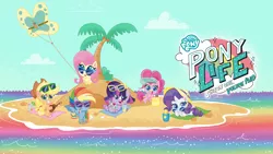 Size: 3840x2160 | Tagged: safe, derpibooru import, official, applejack, fluttershy, pinkie pie, rainbow dash, rarity, twilight sparkle, twilight sparkle (alicorn), alicorn, pegasus, pony, unicorn, my little pony: pony life, absurd resolution, beach, image, itunes, mane six, my little pony logo, palm tree, png, tree