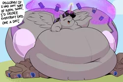 Size: 3441x2282 | Tagged: suggestive, artist:ahobobo, derpibooru import, oc, oc:magna-save, unofficial characters only, alicorn, pony, series:princess cakes lifetime supply, alicornified, augmented, belly, belly bed, big belly, butt, competition, dialogue, eating, fat, female, food, huge belly, huge butt, image, immobile, impossibly large belly, impossibly large butt, impossibly obese, impossibly wide ass, impossibly wide hips, large butt, levitation, magic, mare, morbidly obese, nudity, obese, png, princess cakes, race swap, sitting, telekinesis, the ass was fat, thighs, thunder thighs, weight gain, weight gain sequence, wide hips, wings