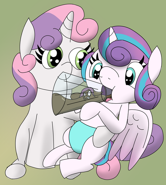 Size: 3360x3744 | Tagged: questionable, artist:grassy blade, derpibooru import, princess flurry heart, sweetie belle, oc, oc:violent tendency, alicorn, pony, unicorn, bottle feeding, foal, foalcon, image, imminent vore, png, terrifying, unaware, unaware vore, underage