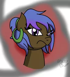 Size: 2988x3282 | Tagged: safe, artist:grassy blade, derpibooru import, oc, oc:violent tendency, bust, ear piercing, earring, frown, hooped earrings, image, jewelry, piercing, png, ponytail, resting bitch face, signature